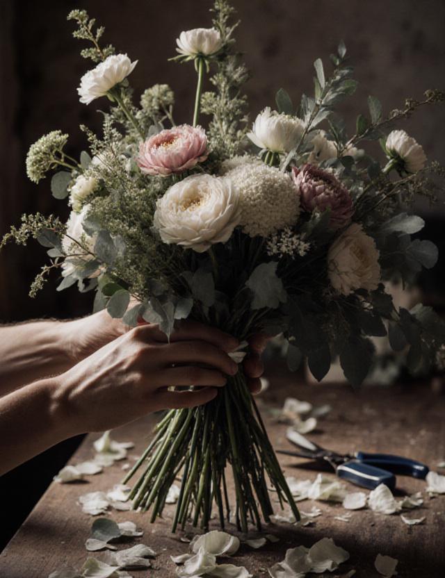 Mani esperte che compongono un bouquet stagionale
